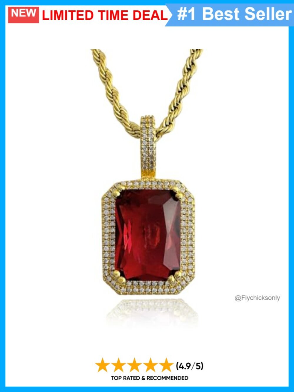 Zircon Square Iced Out Crystal Pendant Necklace Stainless Steel Chain